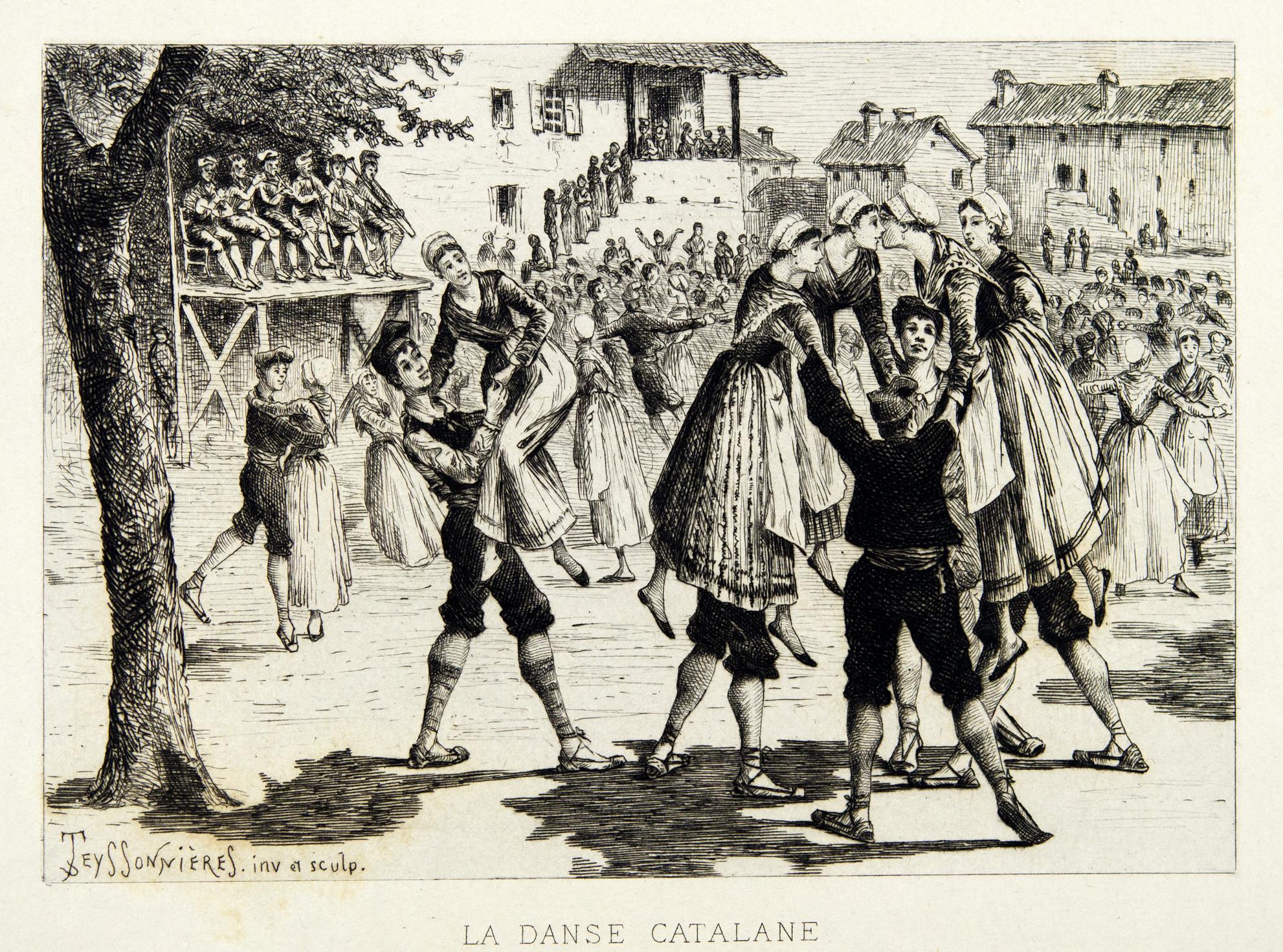 Gravure ancienne représentant une danse catalane